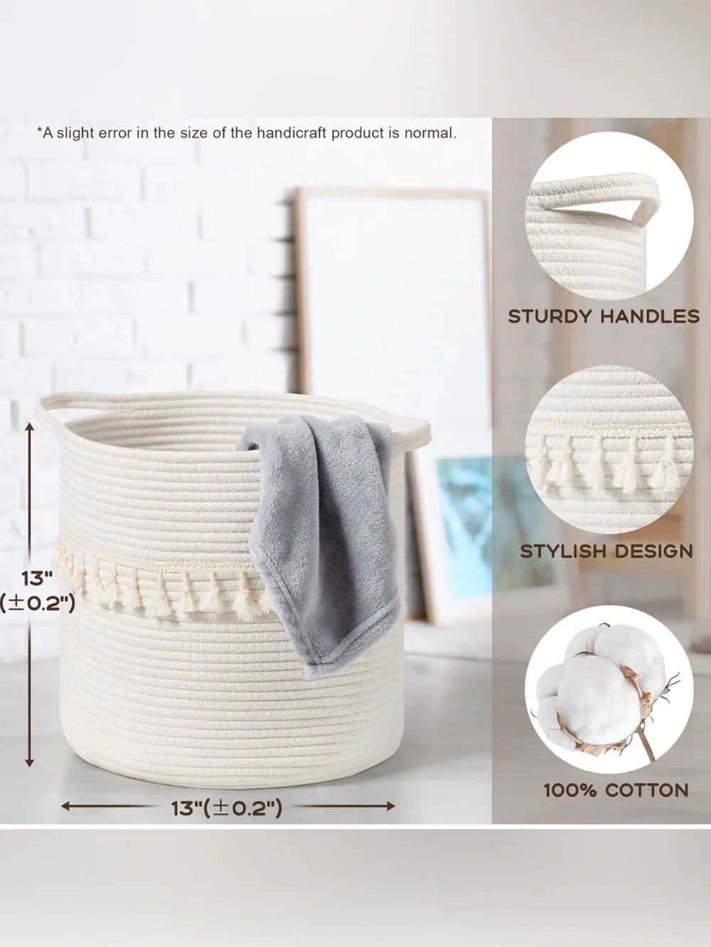 Neutral Cream Rope Baskets with Tassel Trim - Set of 3 (13”x13”)